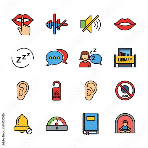 Sound signals displays silence request icons collection scene flat