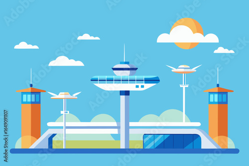 Vector illustration of a sunny beach vacation with a parasol and chair under a blue sky