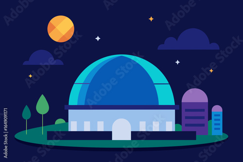 Vector silhouette of a mosque dome and tower against a starry night sky with a crescent moon