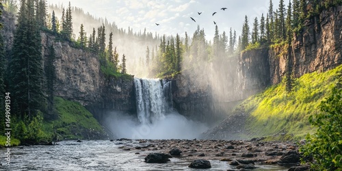 Fototapeta Naklejka Na Ścianę i Meble -  Wildlife perspective: waterfall pounding into natural basin, with birds and mist in pine forest Stock photo