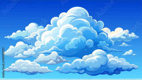 Fluffy white clouds float gracefully across a clear blue sky, forming an abstract, airy set with soft, delicate shapes, perfect for semi-realistic vector-style illustration designs.