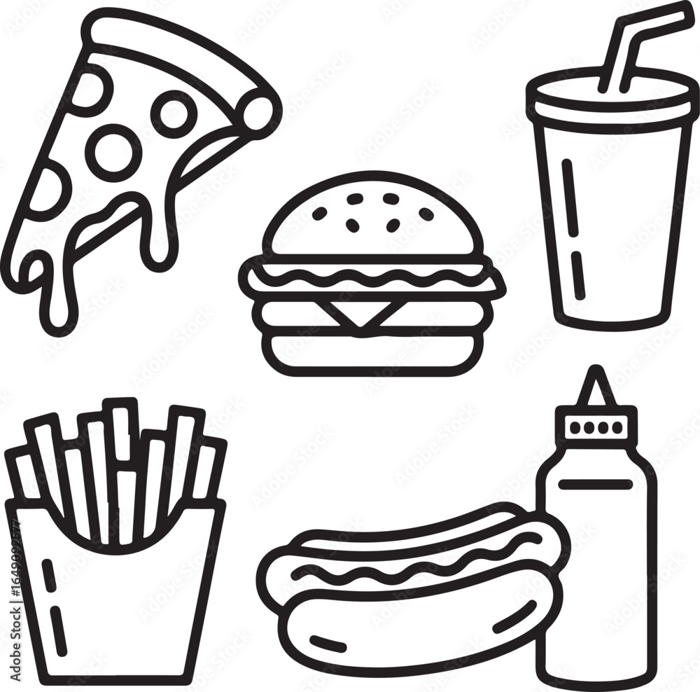 Fast Food Doodle Icon Set — Pizza Slice, Burger, Soda Cup, Fries, and Snack Items in Hand-Drawn Line Style Fast Food Doodle Icon Set — Pizza Slice, Burger, Soda Cup, Fries, and Snack Items in Hand-Drawn Line Style