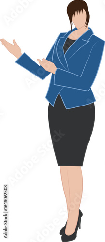 Business Woman Illustration in Formal Suit Presenting Gesture,Minimalist flat design perfect for business presentations, corporate communication, office concepts, training materials, infographics.