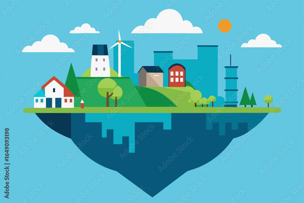 Naklejka premium Vector illustration of a city landscape with a house, trees, and sky