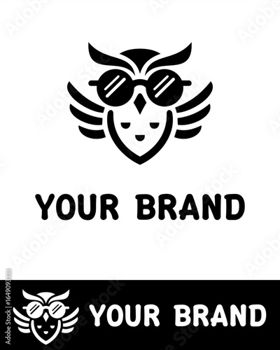 Modern minimalist owl logo design featuring a stylish owl wearing sunglasses in black and white 
