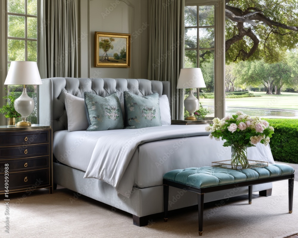 Fototapeta premium Elegant bedroom design in a serene environment modern decor inviting atmosphere cozy viewpoint