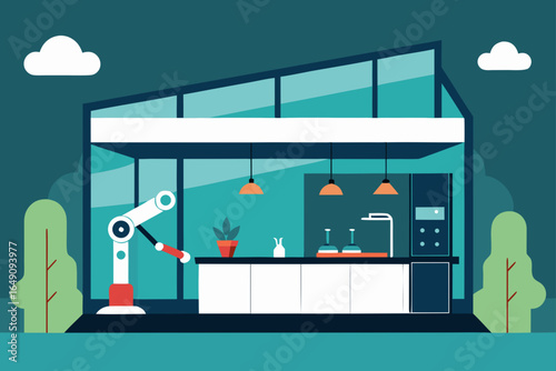 Vector illustration of a modern city office building with people and transport