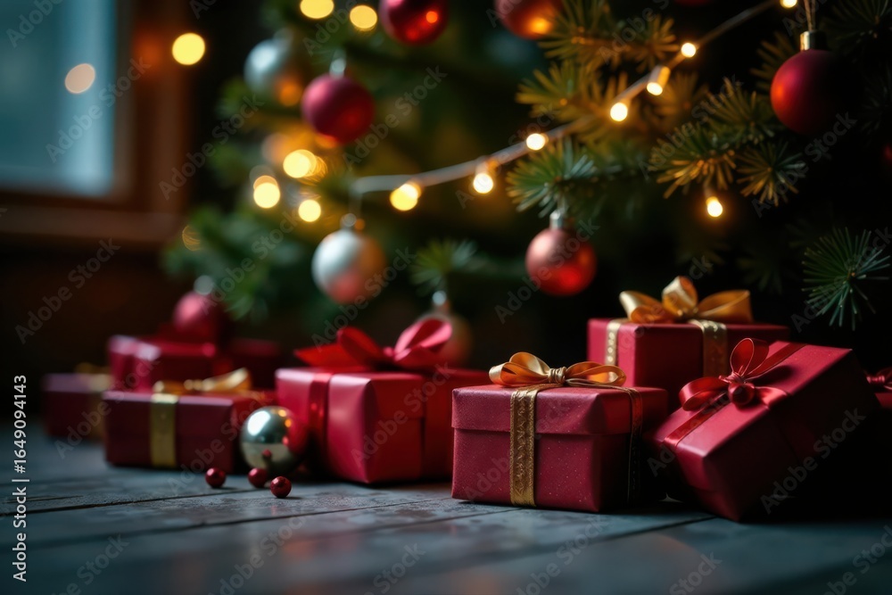 Obraz premium Brightly lit Christmas scene, presents under tree, festive garland , ornaments, interior design, design