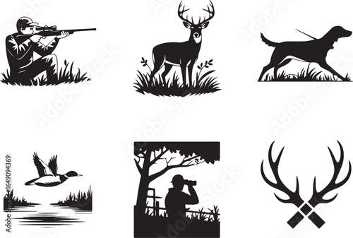 Hunting icons for outdoors, wildlife, and nature designs