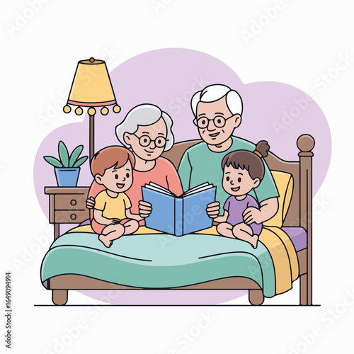 Grandparents reading a story to their grandchildren in bed with a lamp and nightstand present nearby