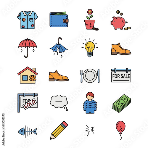 Assorted icons represent everyday objects lifestyle concept