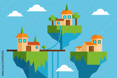 A colorful vector illustration of a fairy-tale village with a castle on a hill