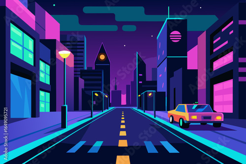 An urban cityscape with motion-blurred traffic lights illuminating the street at night