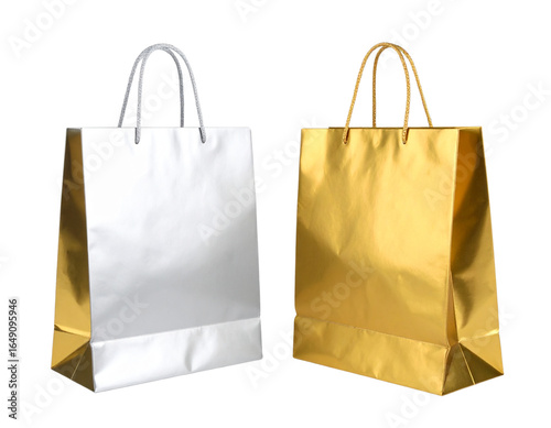 Shiny golden and silver shopping bags isolated on transparent background PNG