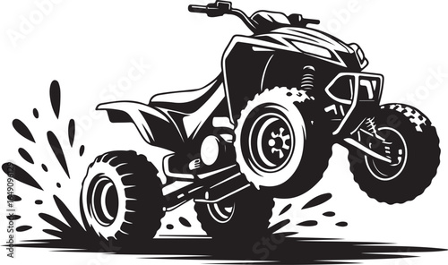 Dynamic ATV off-road action with splash in bold black and white