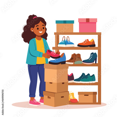 A young girl sorts through shoes in a shoe storage area, putting pairs into boxes.