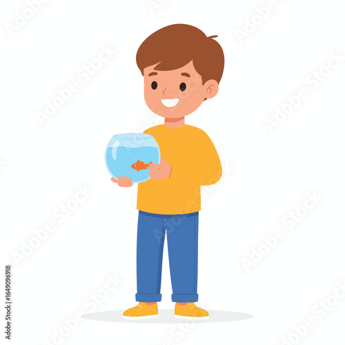 Smiling boy holding a fishbowl with a goldfish inside.