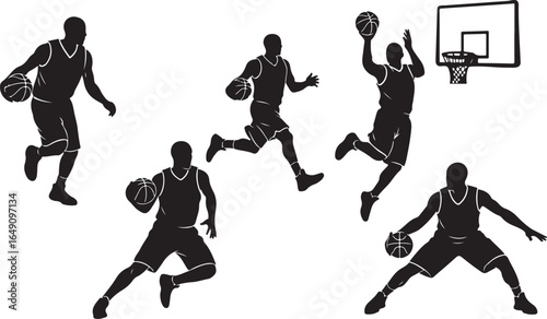 Basketball Player Silhouettes in Action Poses, Dribbling and Shooting Vector Illustration