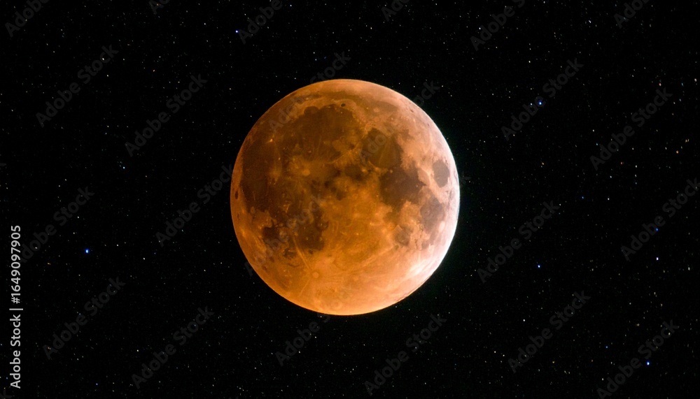 Fototapeta premium Fiery Orange Full Moon Gleaming Against Starry Dark Space Backdrop