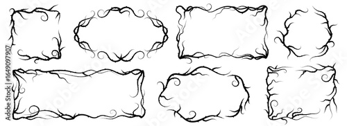 Collection of barbed wire and thorny frame vectors in various shapes, including round, curly, wavy, and sharp silhouettes. Wreath-style borders ideal for horror, Halloween, or dramatic design themes.