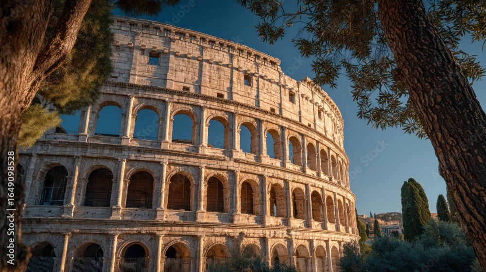 Fototapeta premium Rome's Colosseum Through a Frame of Trees at Golden Hour Glory