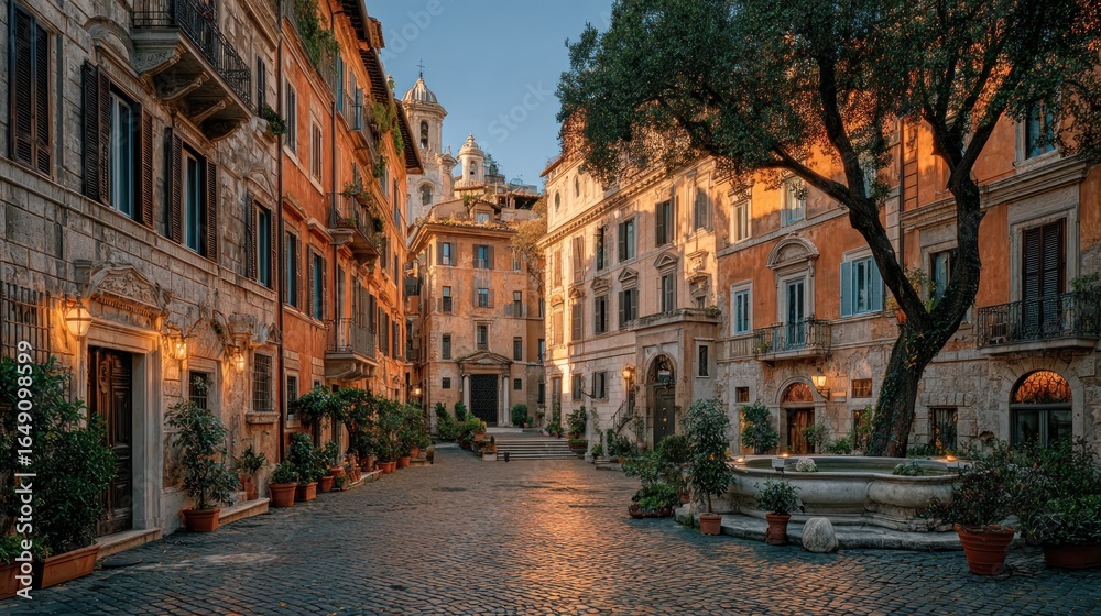 Fototapeta premium Charming Courtyard with Fountain and Historic Buildings in Rome, Italy