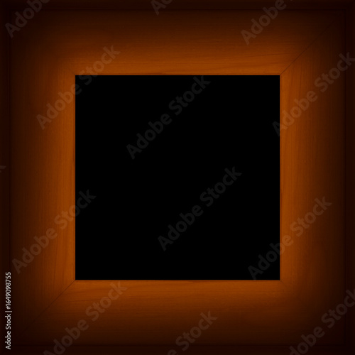 blank square backdrop: dark brown wooden frame against black background