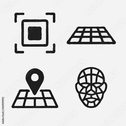 Augmented Reality and Mapping Icons: QR Code, Grid, Location Pin, and Face Scan for Modern Technology