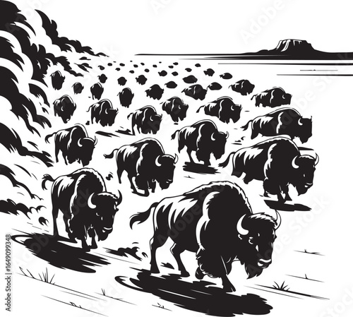 Dynamic herd of bison stampeding across the American plains