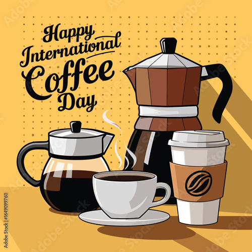 Happy international coffee day celebration with brewing equipment and drinks