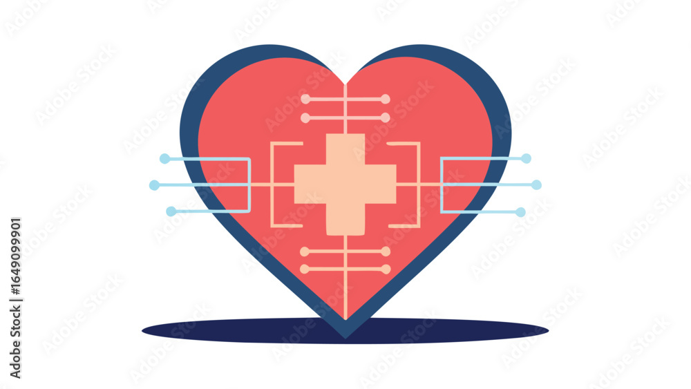 Obraz premium Illustration of a red heart shape with a plus sign and circuit board elements on a white background