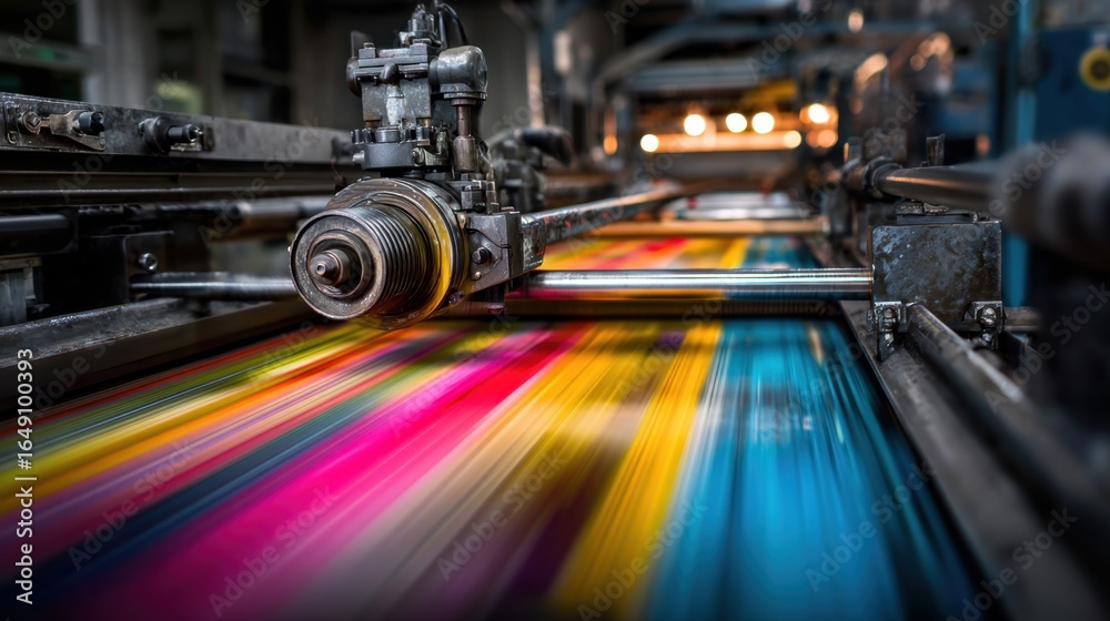 Fototapeta premium A vibrant and dynamic scene showcasing the intricate process of color printing in a modern industrial setting with vivid hues and machinery.