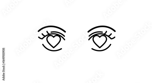 Heart-shaped pupils in eyes black and white minimal line art