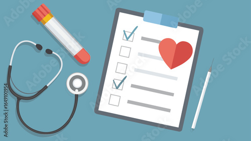 Medical examination with stethoscope, test tube, clipboard with heart and pen on blue background
