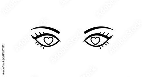 Eyes with heart-shaped pupils in black and white line art style