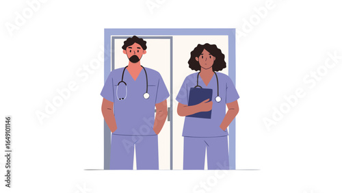 Illustration of two healthcare workers wearing scrubs and stethoscopes standing in front of a doorway area