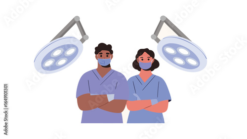 Two healthcare workers in scrubs and masks standing under surgical lights with arms crossed calmly