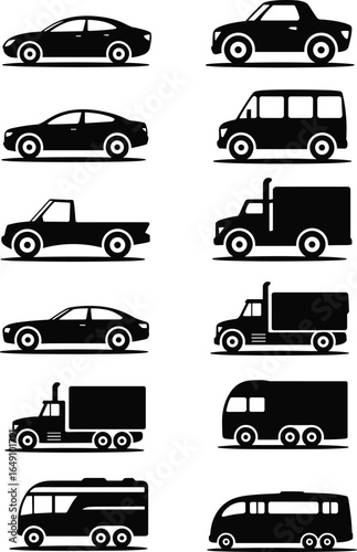 Flat vector illustration of vehicle silhouettes, sedan, pickup truck, van, large truck, bus, transport icons, black graphic design