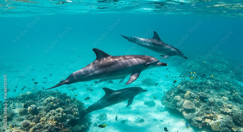 Fototapeta premium A Sunlit Dolphin Pod Glides Gracefully Over a Vibrant Coral Reef