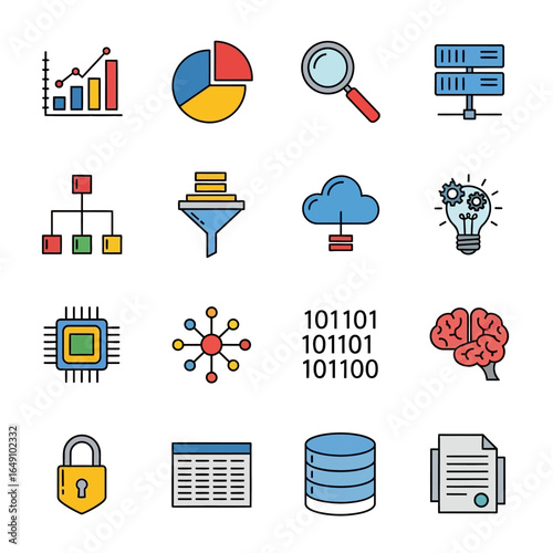 Data icons display statistics analysis cloud security networks information