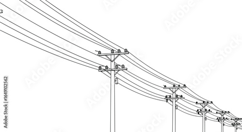 Line art drawing of wooden utility poles with electrical wires, power transmission lines, rural infrastructure, telephone poles, energy distribution network, overhead cables