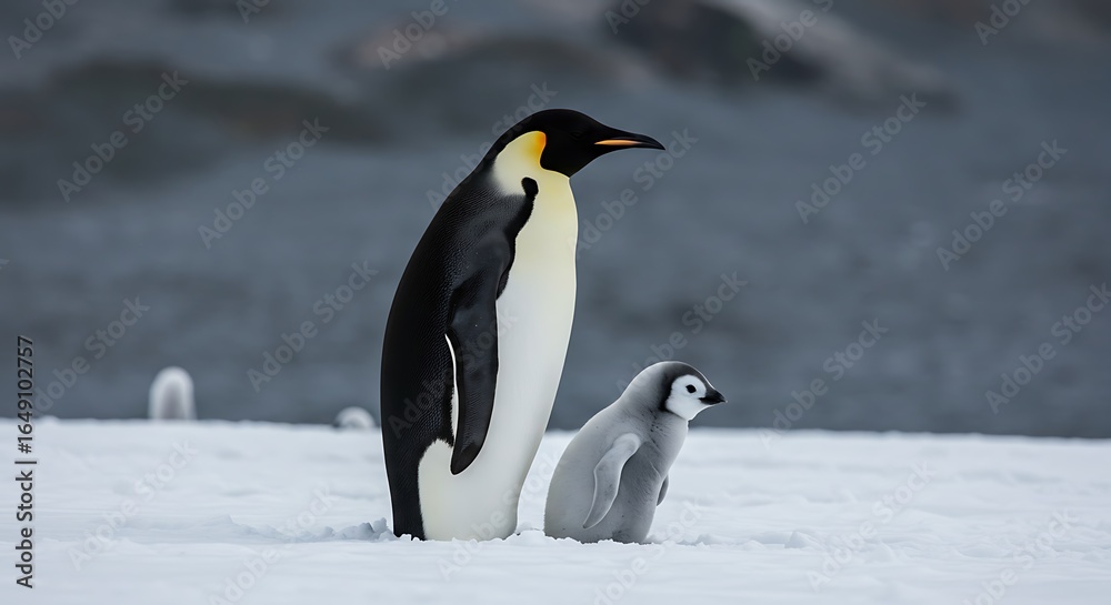 Fototapeta premium A Watchful Emperor Penguin and Its Fluffy Chick in a Serene Antarctic Snowscape