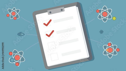 Clipboard with checkmarks and blank boxes surrounded by atom illustrations on a blue background