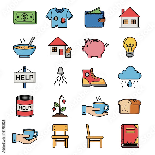 Poverty icons show struggle in difficult economic scene distress