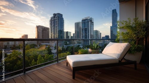 Wallpaper Mural A comfortable outdoor space offers a relaxing retreat with a lounge chair, providing a serene view of the surrounding cityscape and lush greenery on a bright day. Torontodigital.ca