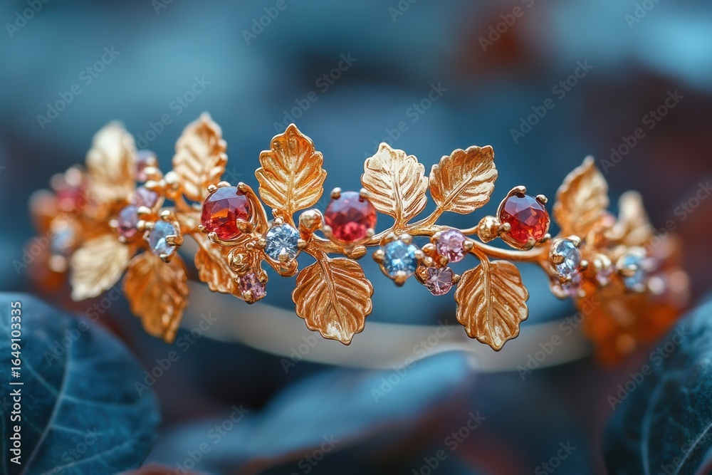 Obraz premium Elegant golden crown adorned with colorful gemstones and intricate leaf design