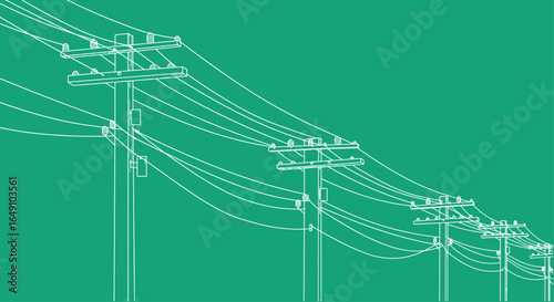 Line art of utility poles with electric power lines on green background, vector wireframe illustration, electricity infrastructure, rural energy network