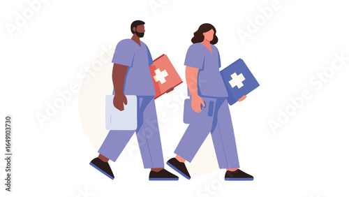 Two healthcare workers in scrubs walking with medical files and first aid kits in a hospital setting scene