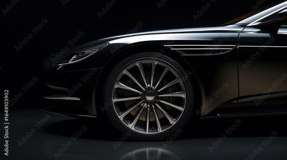 Sleek luxury car close-up studio setting automotive photography dark environment side view modern design