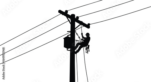 Silhouette of electrical lineman working on high voltage power line pole with safety harness, utility maintenance, black and white background